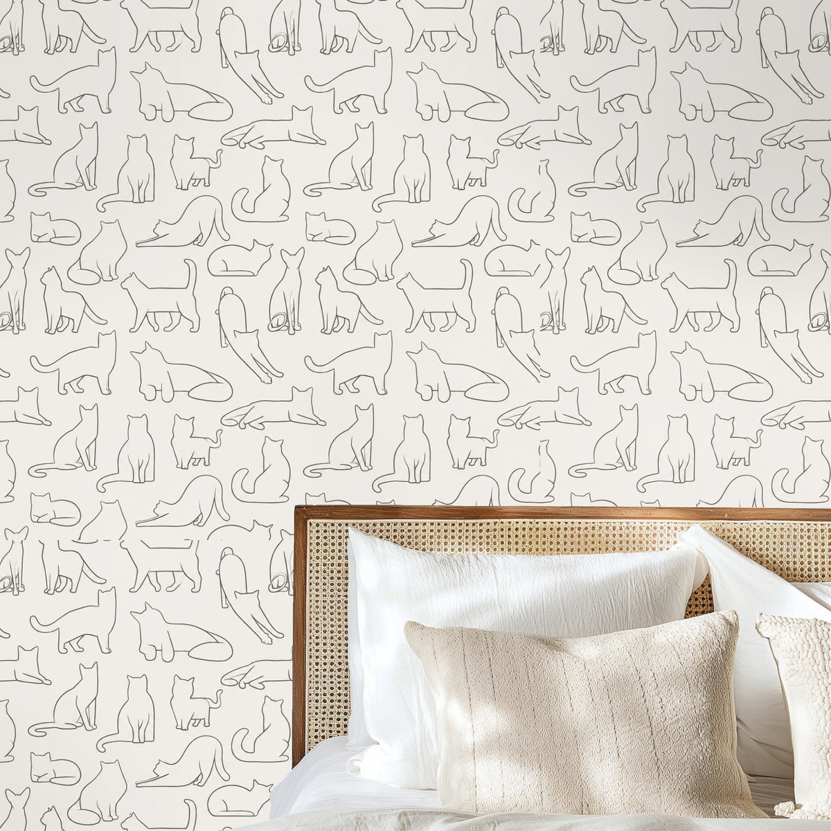 Close-up detail focusing on a stretching cat and seated silhouettes within the repeat