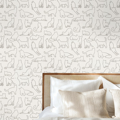 Close-up detail focusing on a stretching cat and seated silhouettes within the repeat
