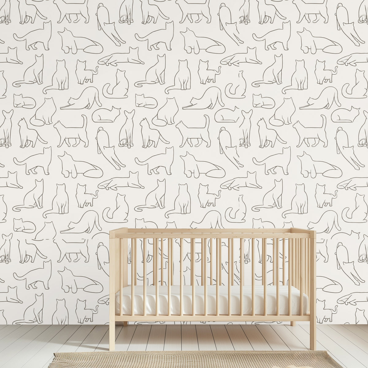Full wall view with a neutral sofa and woven rug to show pattern scale in a living space