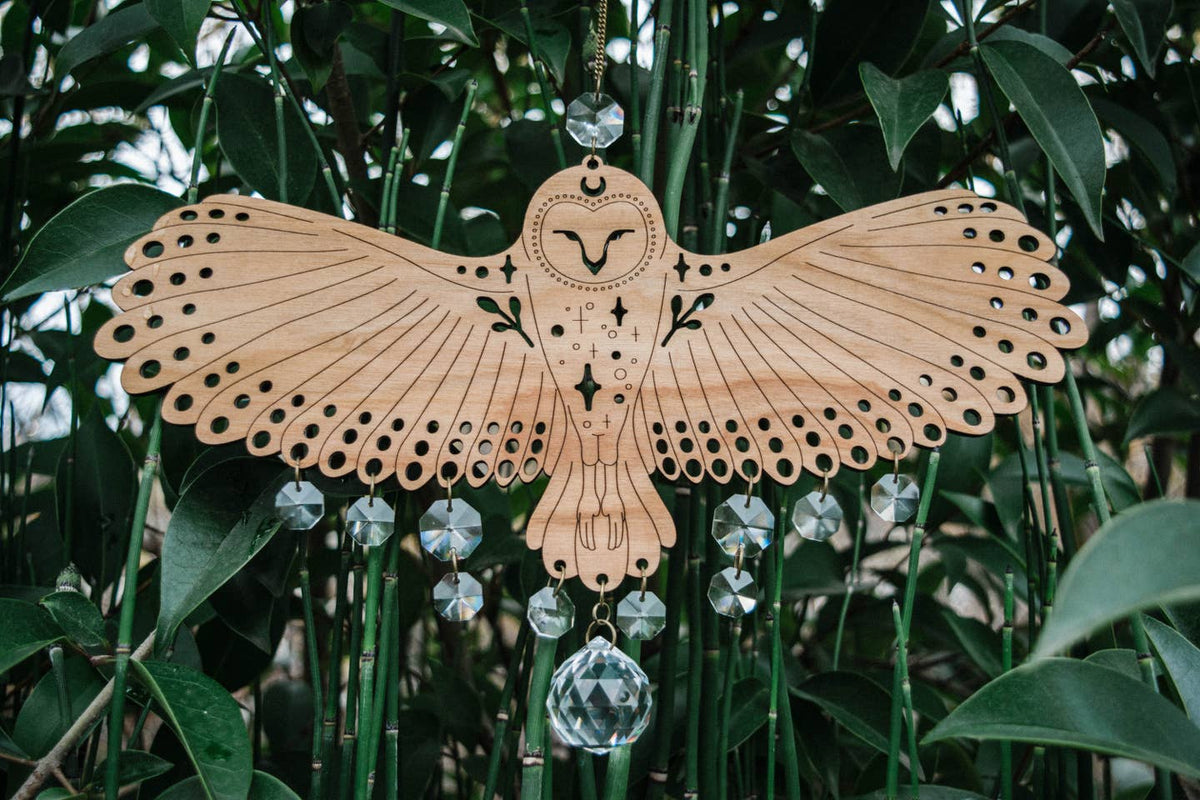 Owl Wooden Wall Hanging Bird Suncatcher w/ Crystal Prisms by HEX Botanical — view 7