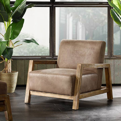 Mid Century Modern Wood Leather Living Room Accent Chair