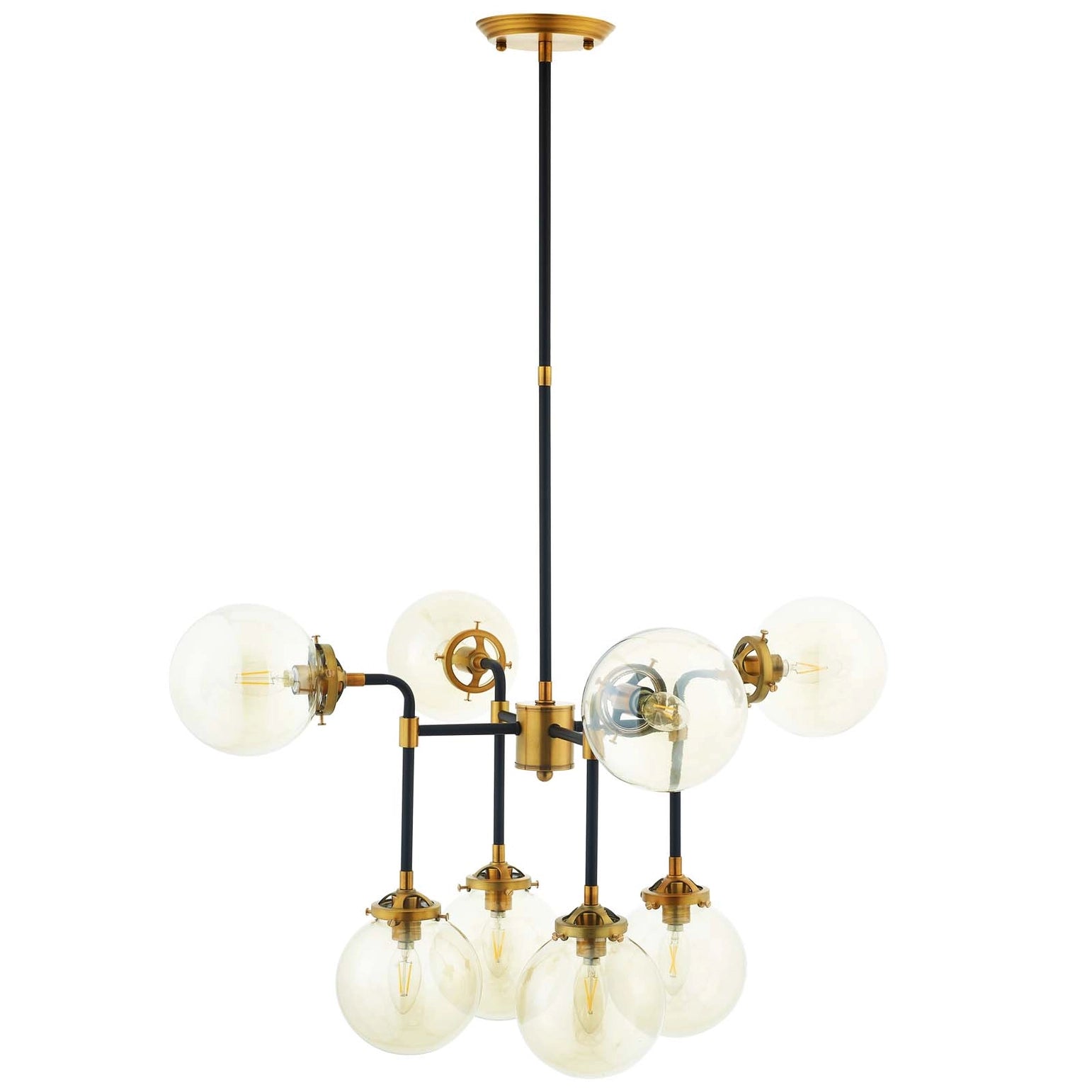 Antique Horizon Chandelier with amber glass shades and brass finish
