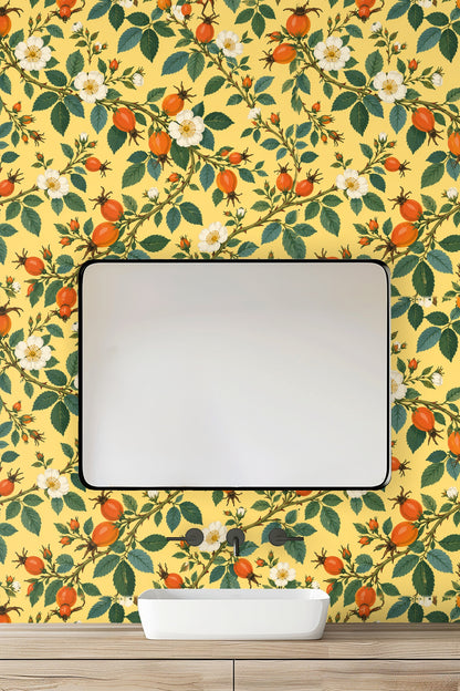 Pattern repeat detail of rosehip wallpaper design