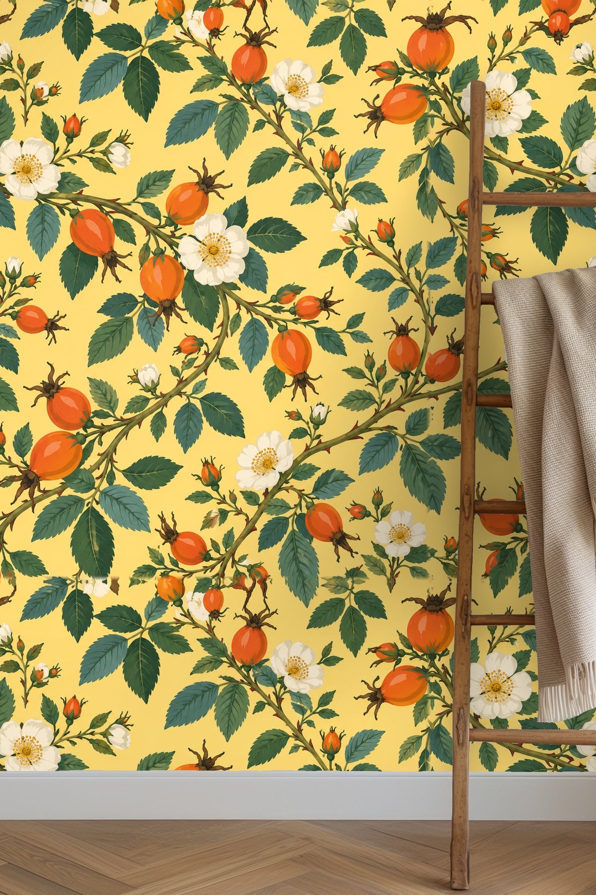 Vintage botanical wallpaper with orange rosehips and white blossoms on yellow background - art detail