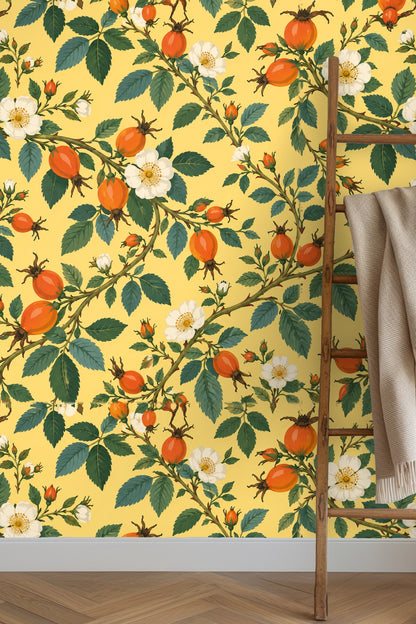 Vintage botanical wallpaper with orange rosehips and white blossoms on yellow background - art detail