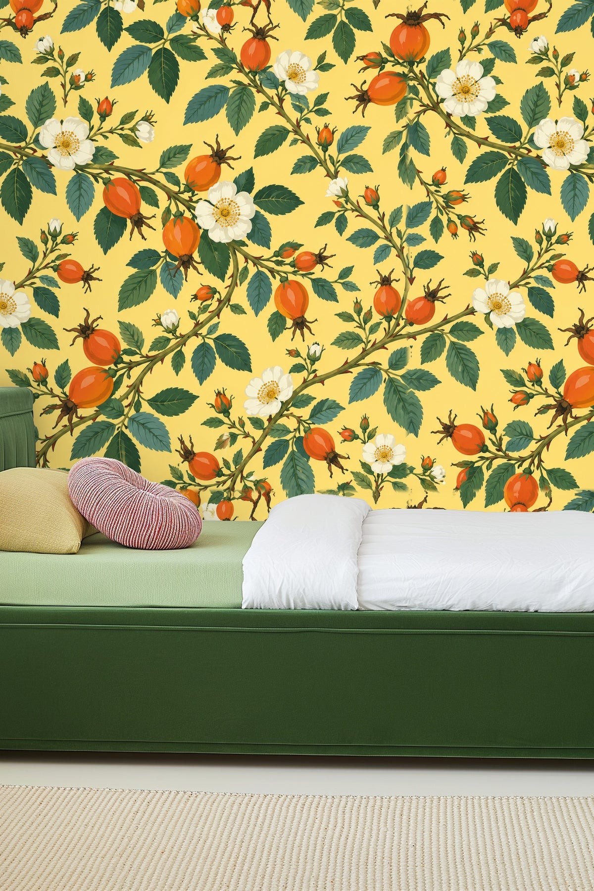 Room featuring wallpaper with rosehip branches and leaves in soft pale yellow setting