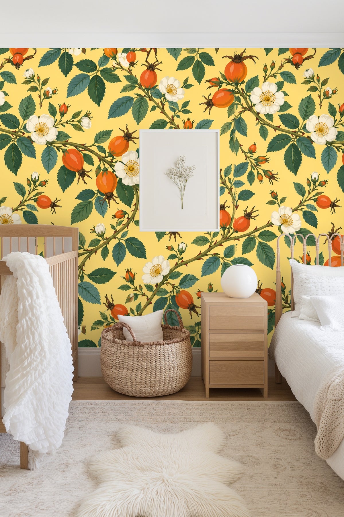 Bedroom with green bedframe and rosehip scroll wallpaper backdrop