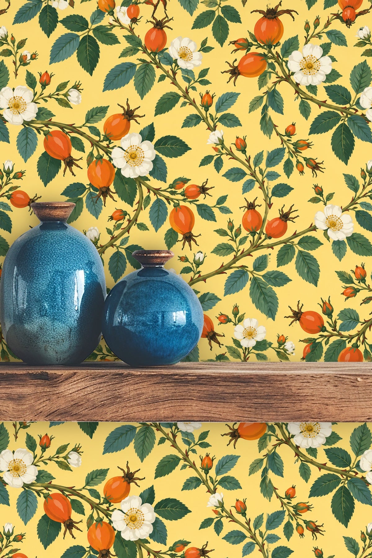 Textured wooden floor with rosehip floral wallpaper wall