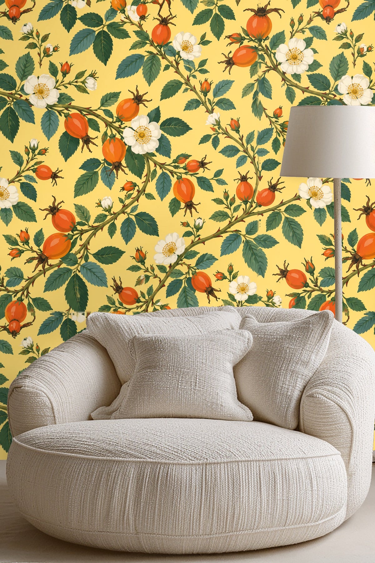 Close-up of rosehip fruit and white flowers on yellow botanical wallpaper