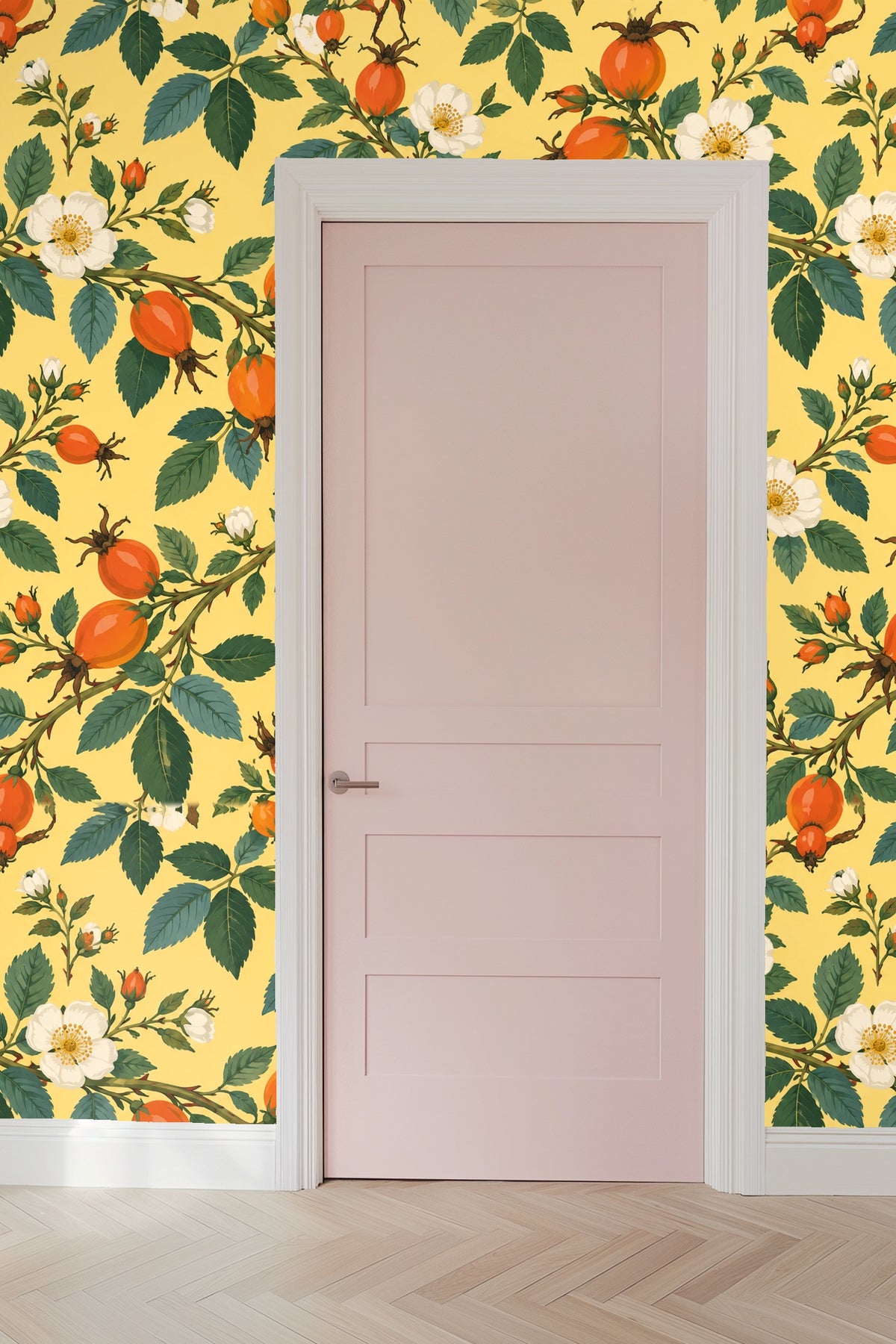 Green leaves and orange rosehips intertwined on wallpaper