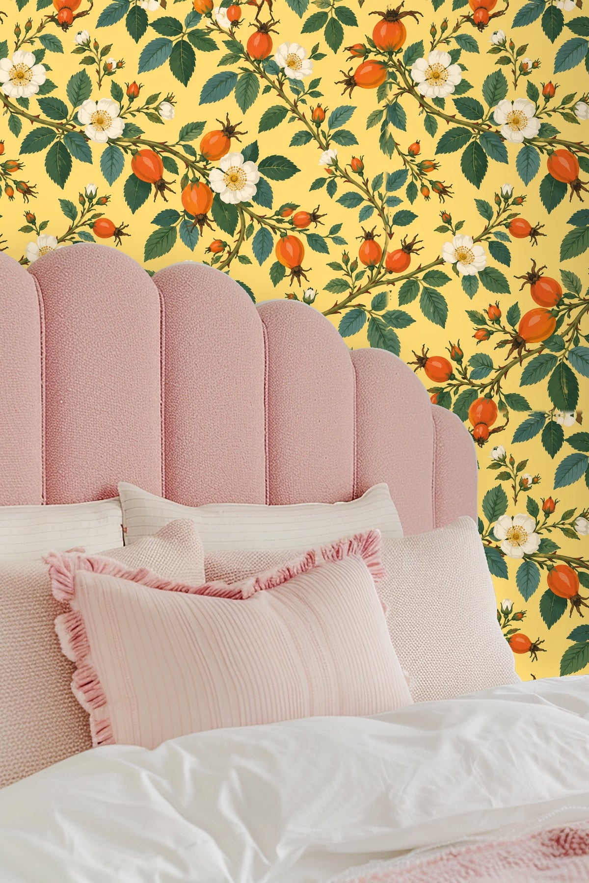 Stylized botanical illustration-style wallpaper with rosehip and foliage