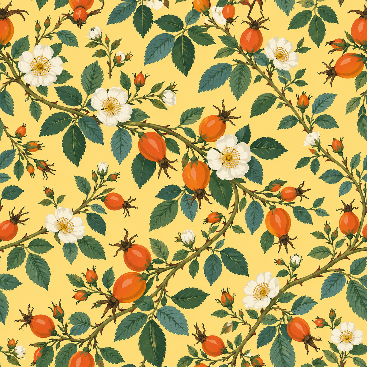 Warm yellow wallpaper with naturalistic rosehip scarlet fruit
