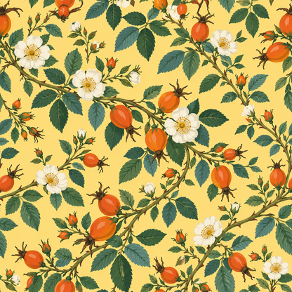 Warm yellow wallpaper with naturalistic rosehip scarlet fruit