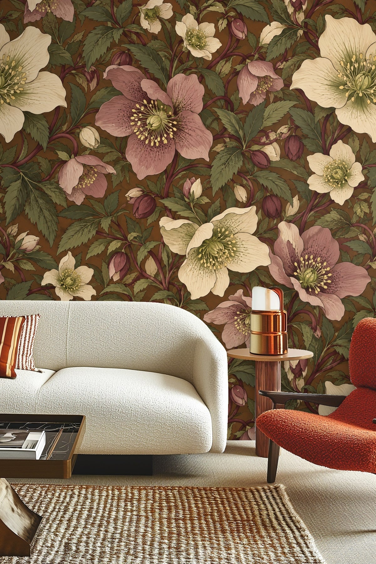 Muted pink and cream flowers clustered among green foliage on deep warm brown background.