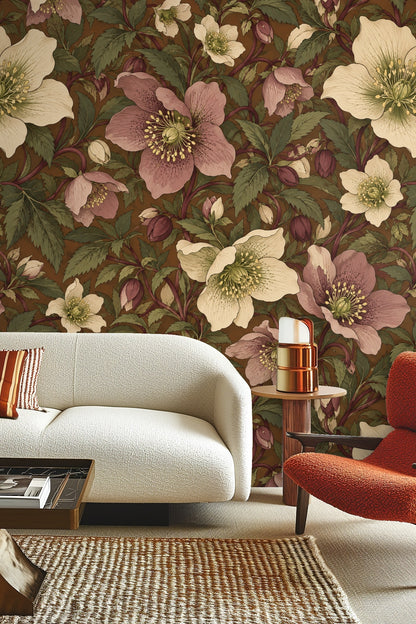 Muted pink and cream flowers clustered among green foliage on deep warm brown background.