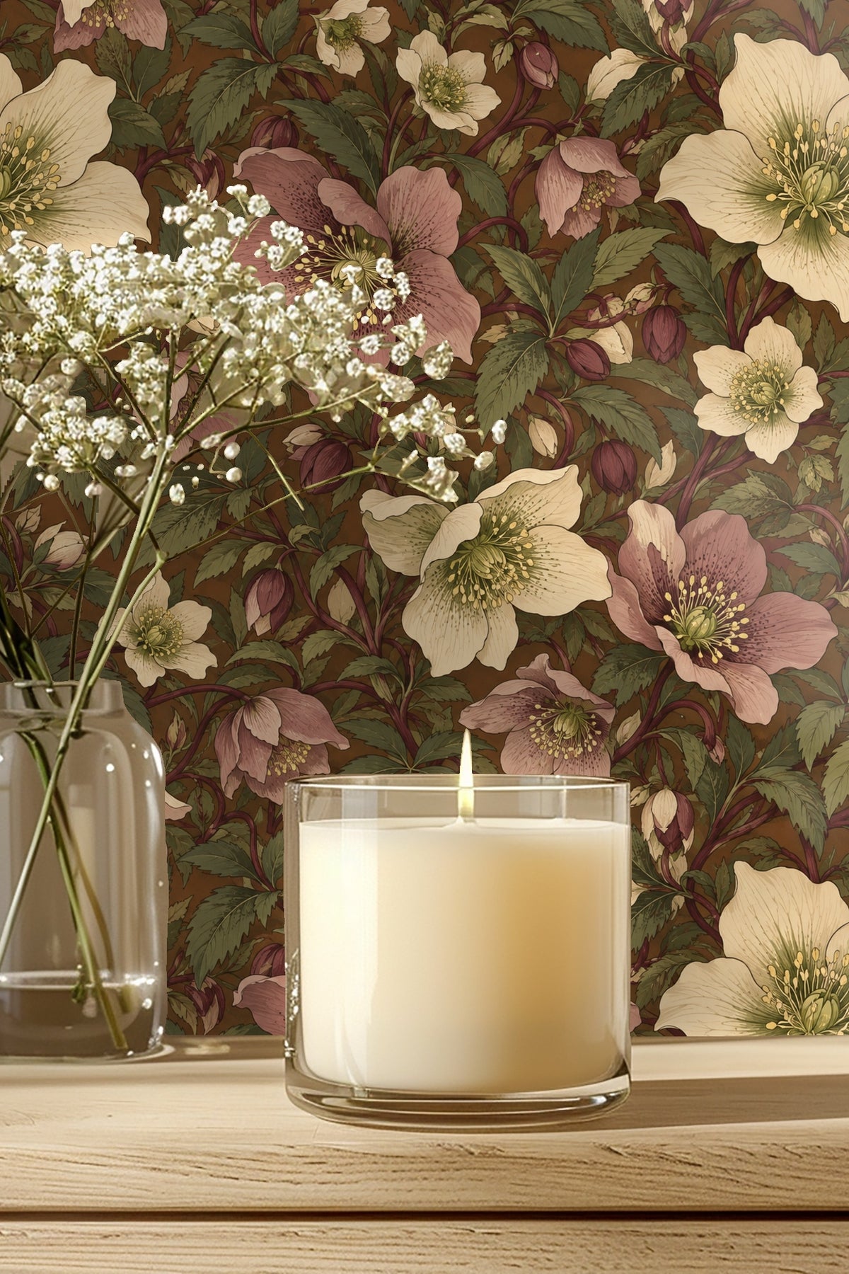Close-up of intricate hellebore flower wallpaper in cream and dusty rose on terracotta background.