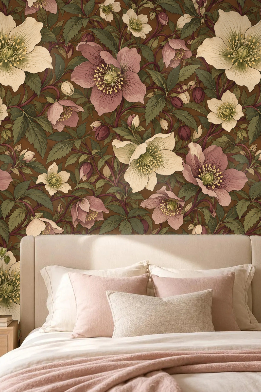 Soft ambient lighting highlighting the nuanced earth tones of hellebore wallpaper in room.