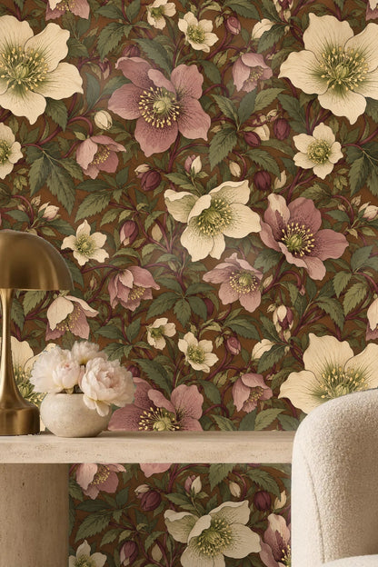 Focus on the fine line textures and shading on hellebore petals and leaves in wallpaper.