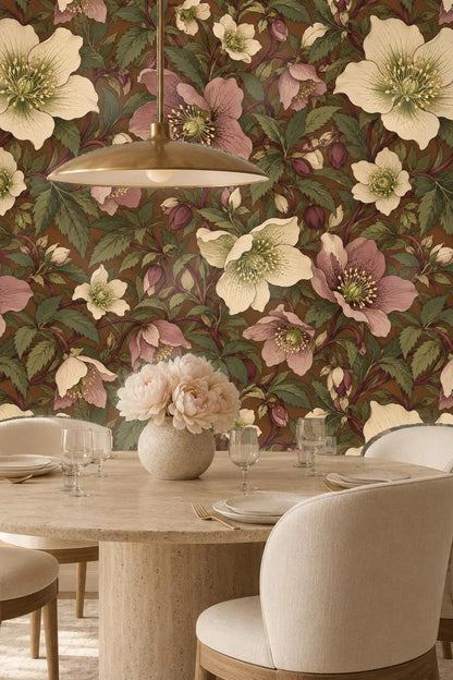 Wallpaper flow with intertwined stems and unopened buds creating lush botanical pattern.