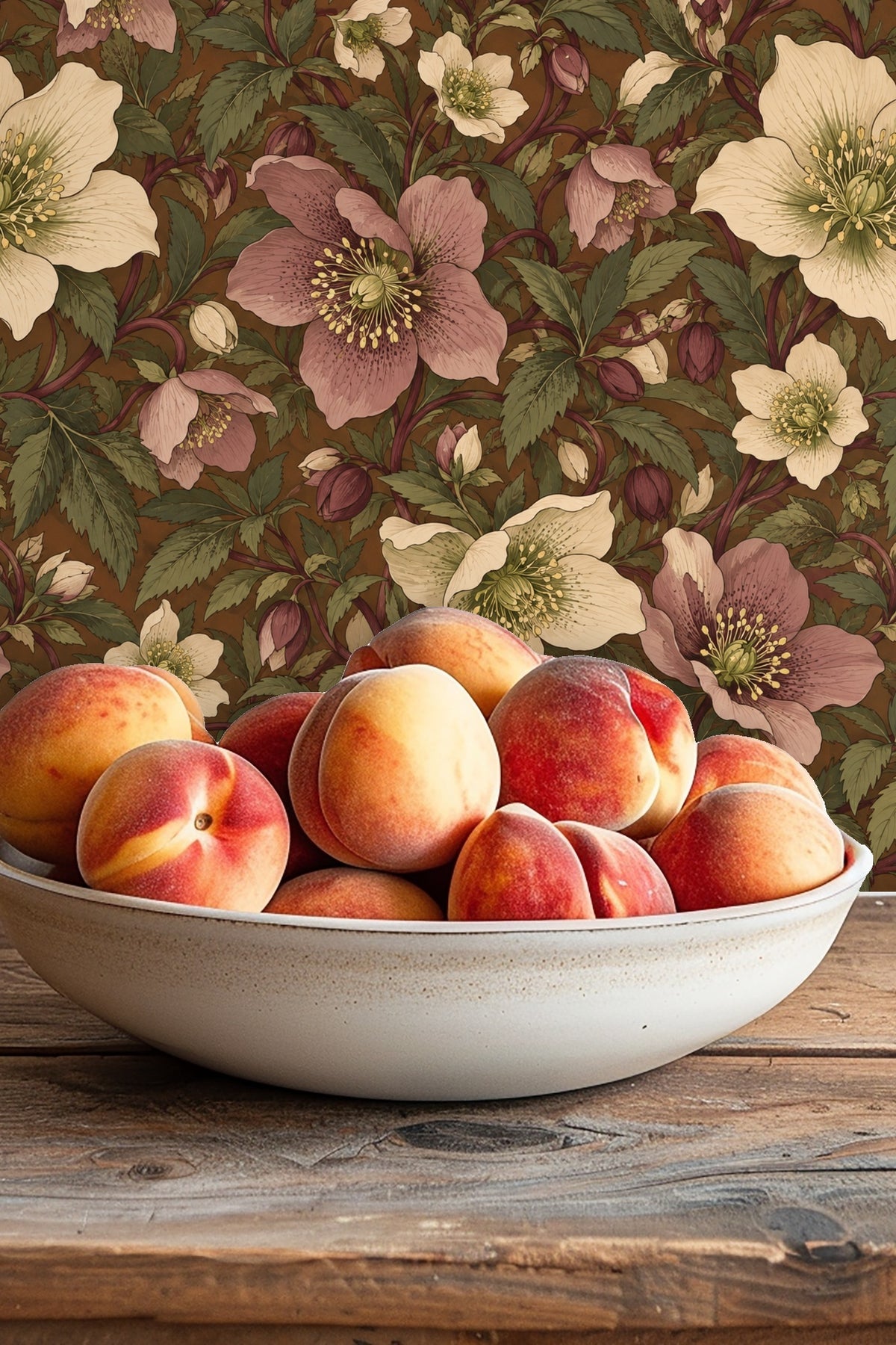 Full repeat section showing multiple flower clusters and leaf groups on wallpaper.