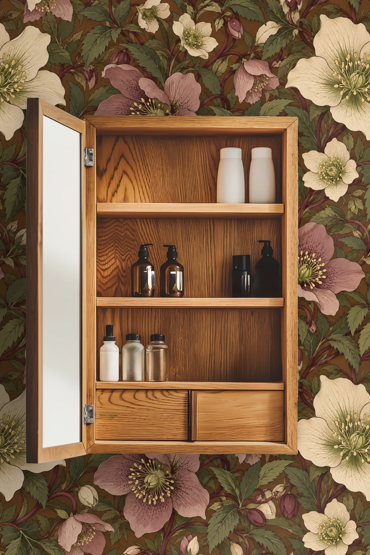 Laundry room showcasing Winter Rose Tapestry wallpaper with washing machines and wooden shelves overhead.