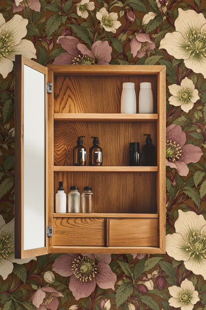 Laundry room showcasing Winter Rose Tapestry wallpaper with washing machines and wooden shelves overhead.