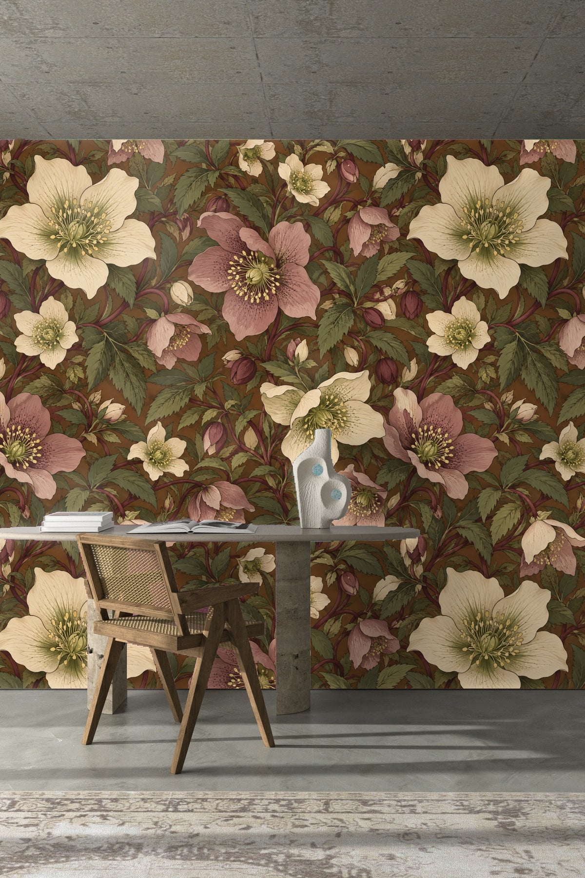 Side angle on wallpaper emphasizing naturalistic botanical drawing style.