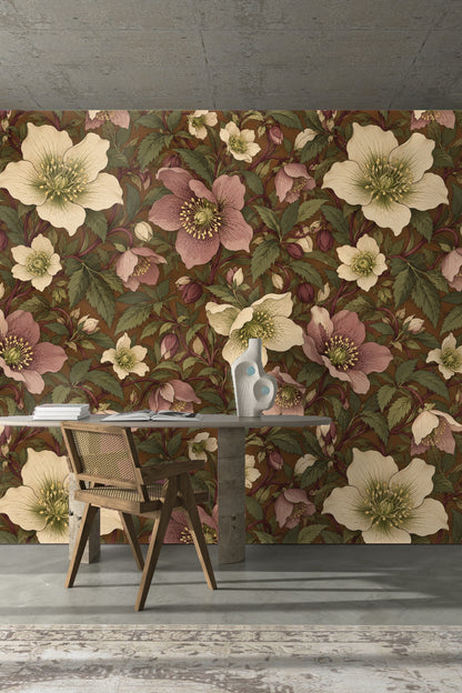 Side angle on wallpaper emphasizing naturalistic botanical drawing style.