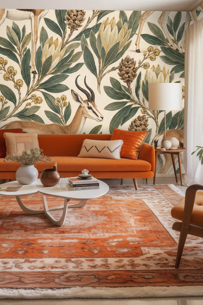 Section of wallpaper showing mature protea flowers in muted gold with delicate linework on soft cream.