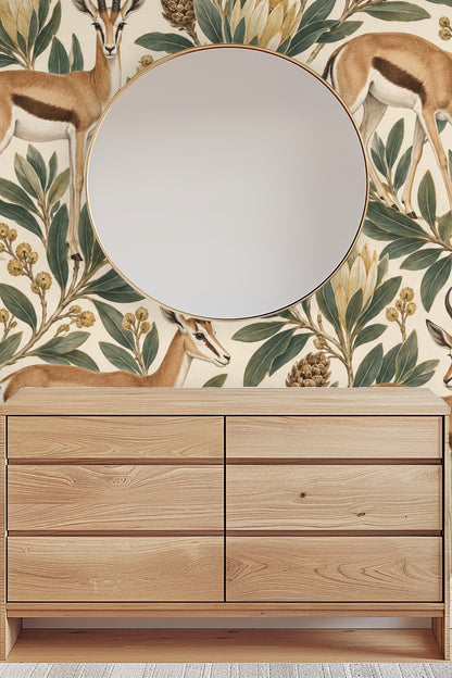 Overall wallpaper design revealing balanced composition of animal and plant motifs in muted palette.