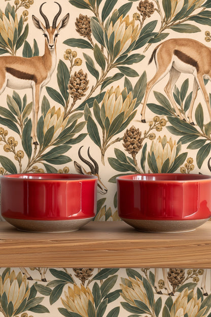 Artful overlay of springbok near stylized pinecone-like flower clusters on natural toned wallpaper.