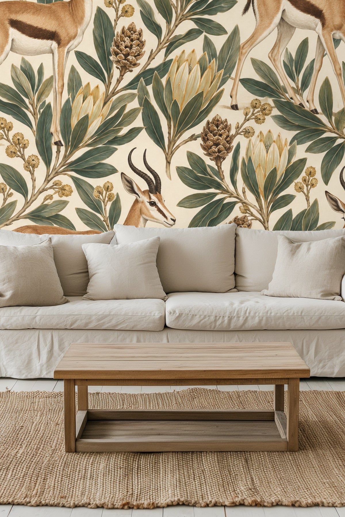 Bedroom wall covered in springbok and protea wallpaper behind a green velvet headboard with cream pillows.