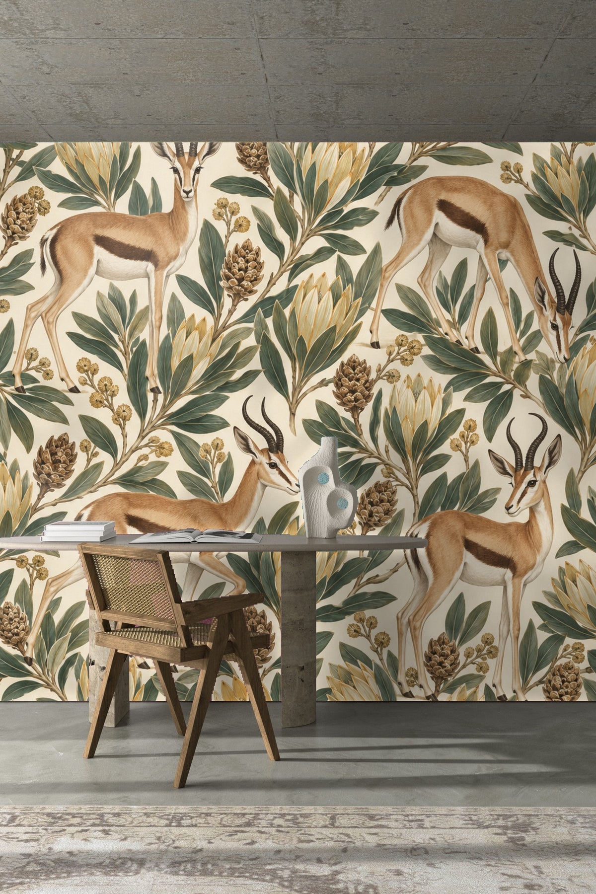 Wallpaper repeat showing pairs of springbok with graceful poses framed by protea and foliage.