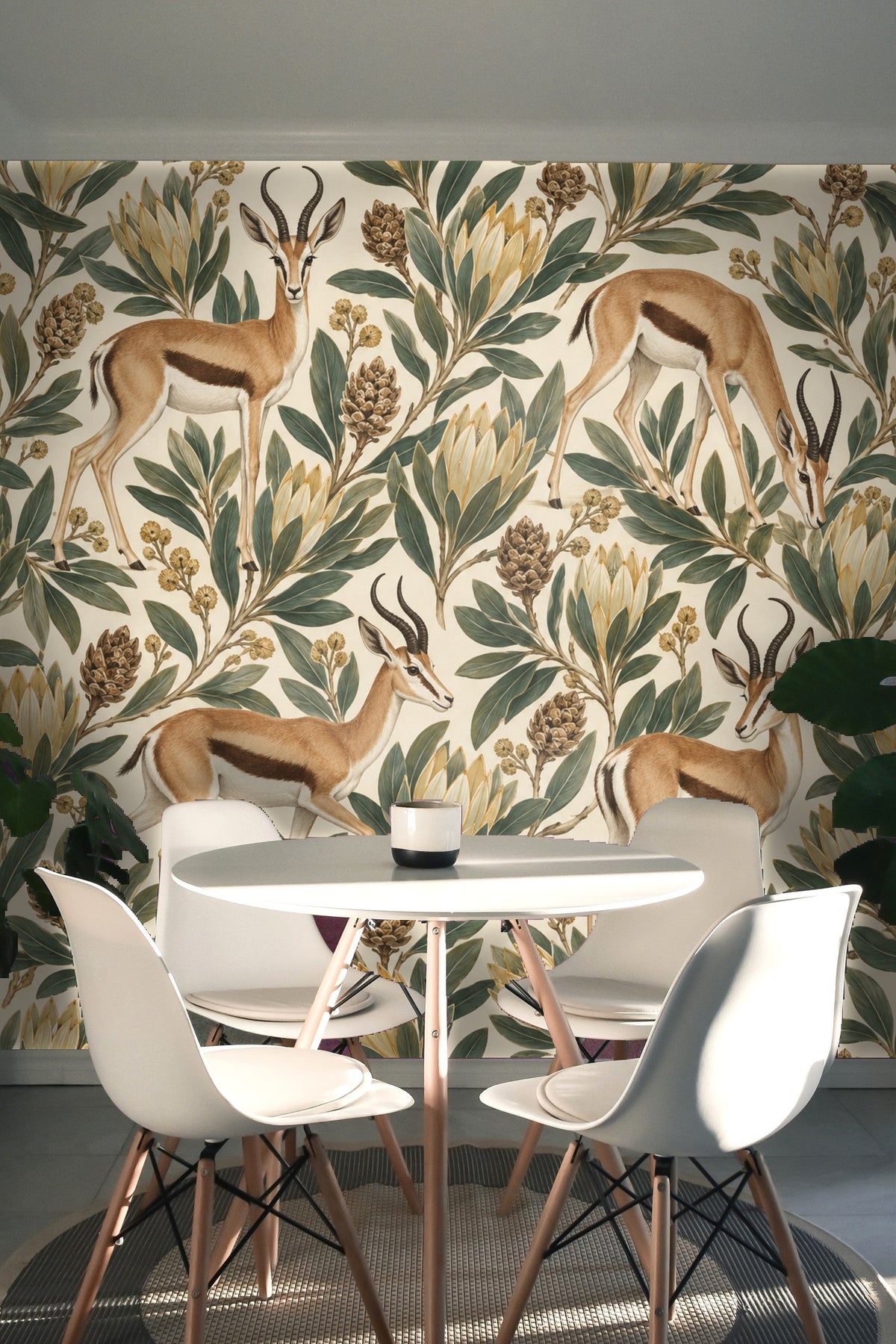 Pattern detail featuring springbok heads and expressive eyes nestled amid painted leafy branches.