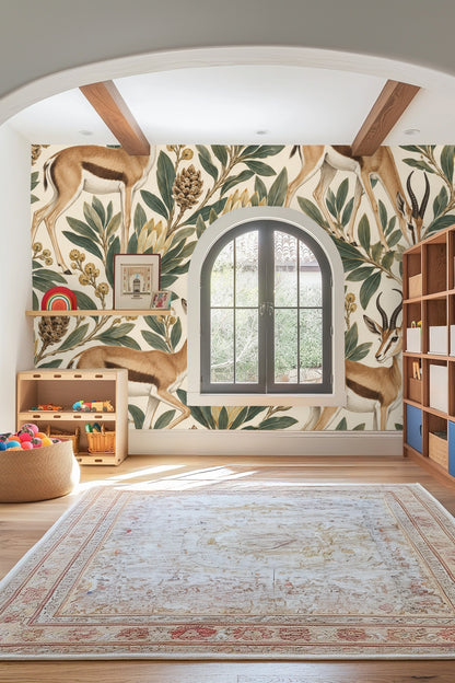 Detailed view of springbok grazing posture incorporated into botanical wallpaper composition.