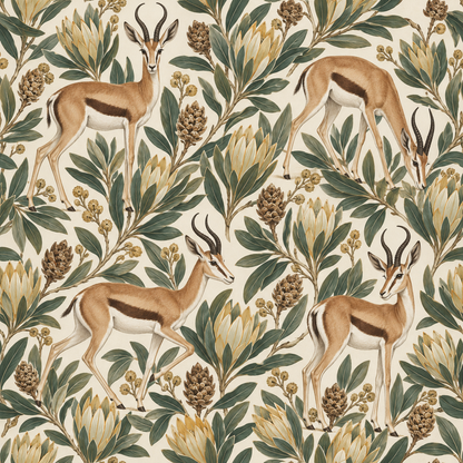 Textural detail of painted foliage and animal fur merging in upscale botanical wallpaper design.