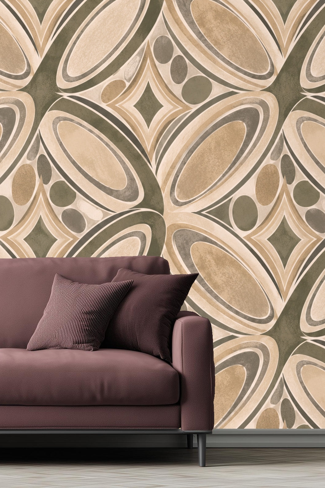 Soft muted olive and taupe palette wallpaper creating a vintage modern atmosphere