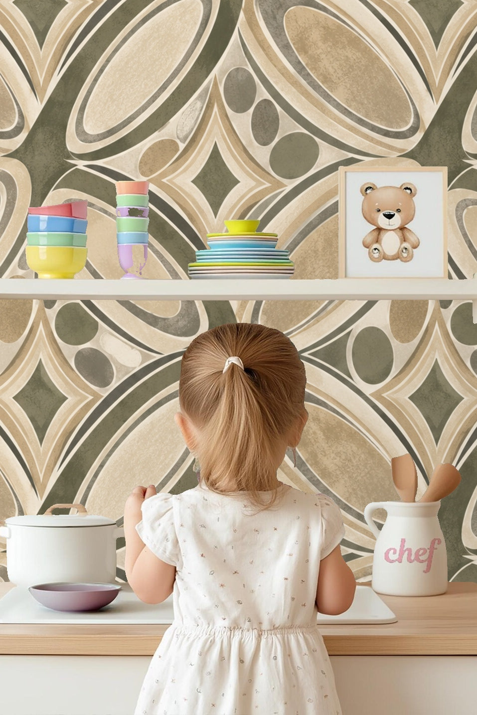 Ellipses and circles in earth tones forming a rhythmic wallpaper pattern