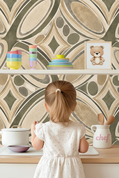 Ellipses and circles in earth tones forming a rhythmic wallpaper pattern