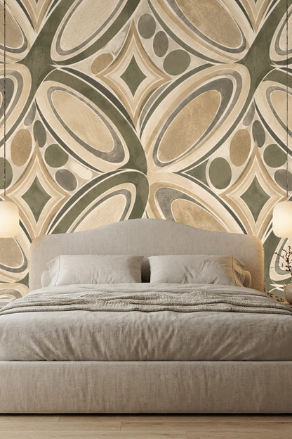 Close-up of wallpaper tile showing interlocking ellipses and diamonds in olive, taupe, and beige tones