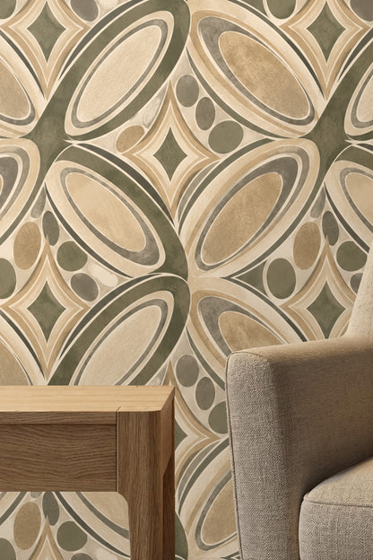 Close framing of textured brush strokes in warm olive and beige wallpaper