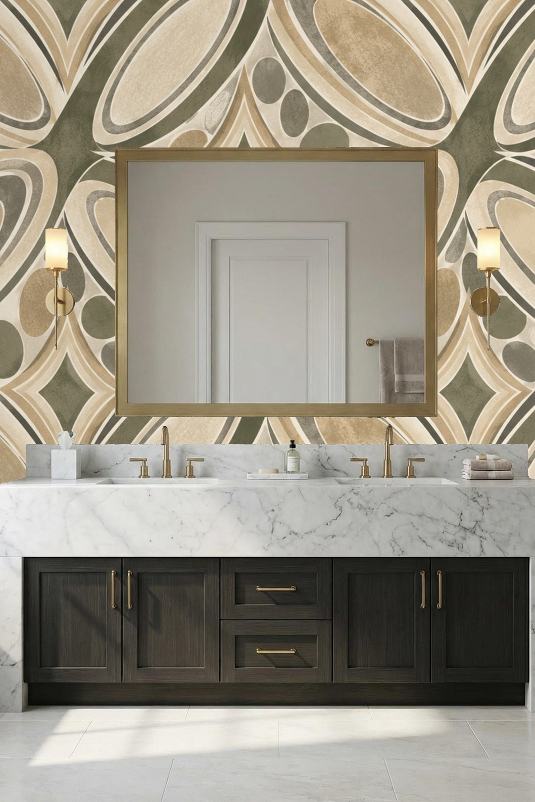 Decorative wallpaper pattern blending organic forms with geometric precision
