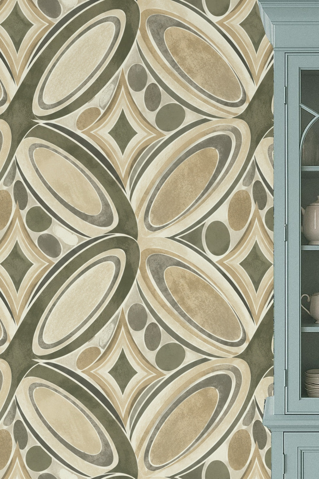 Living room with retro geometric wallpaper in olive and taupe behind neutral modern furniture