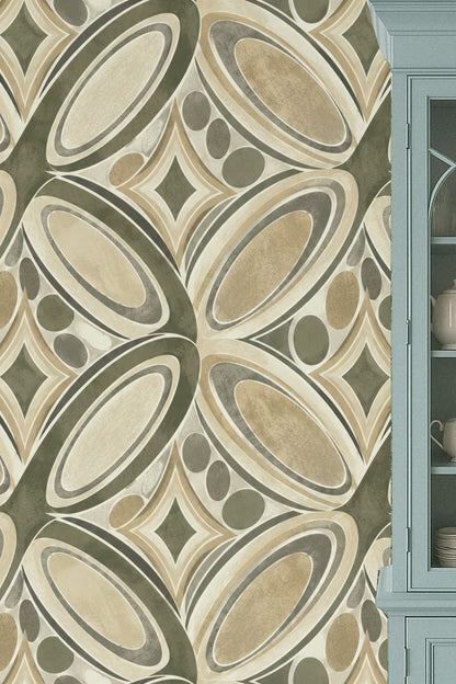 Living room with retro geometric wallpaper in olive and taupe behind neutral modern furniture