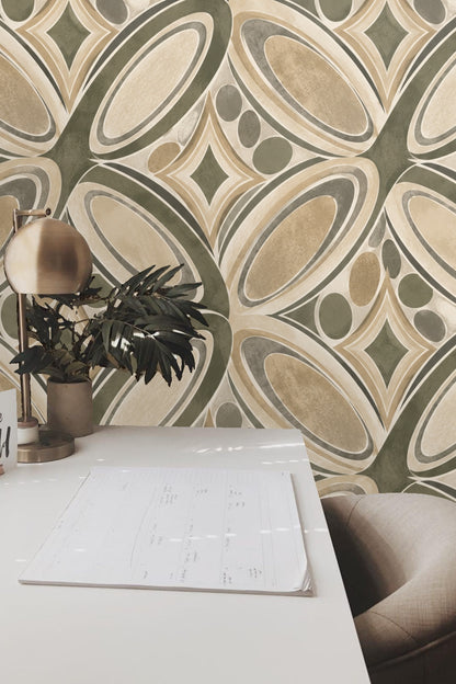 Pattern repeat showing elliptical and circular motifs combined with diamond shapes
