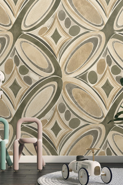 Bedroom scene featuring taupe and olive geometric wallpaper with decorative objects on a side table