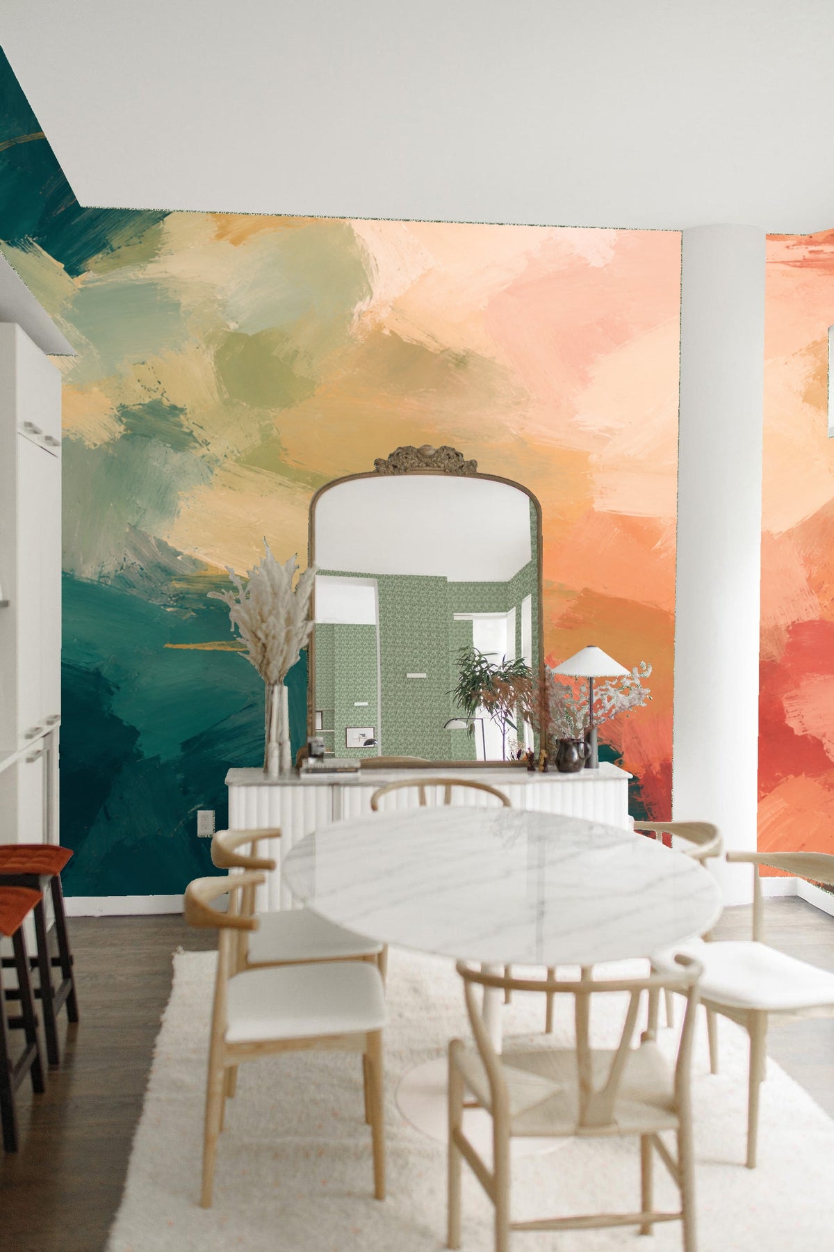 Children's room with Brushstroke Grove Wallpaper and wooden play chair