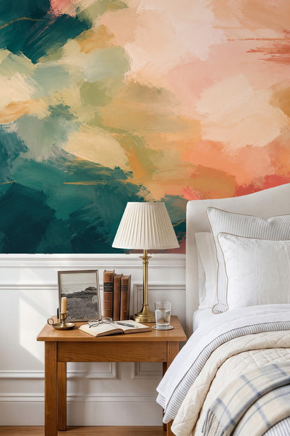 Abstract teal and coral brushstroke wallpaper artwork by Press Esc