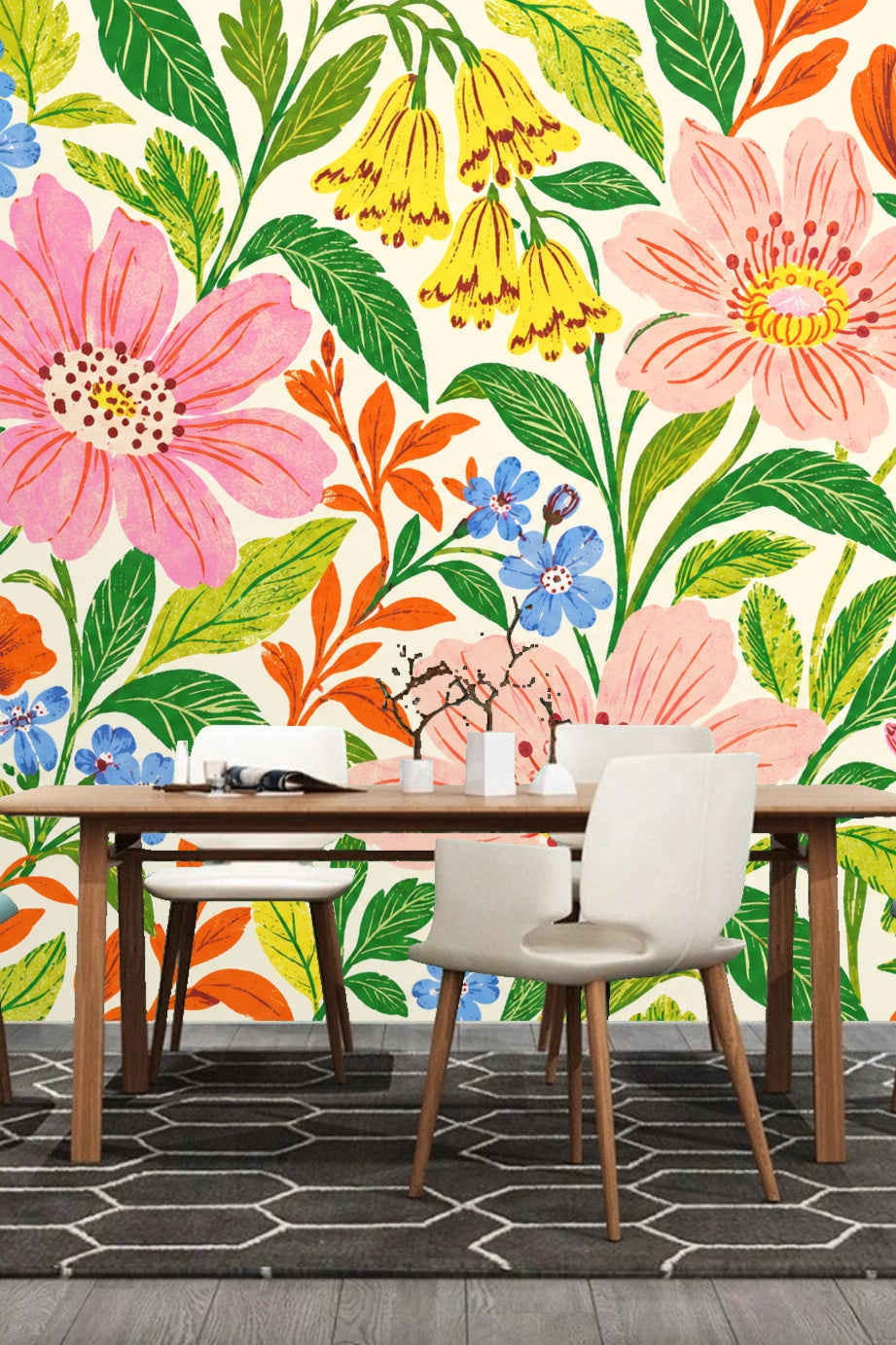 Detail of wallpaper highlighting varied flora with vivid colors and sketch lines.
