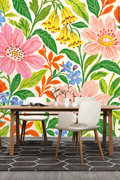 Detail of wallpaper highlighting varied flora with vivid colors and sketch lines.